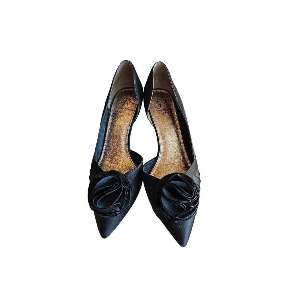 Black Satin Peep Toe Heels With Rosette Detail 3.5